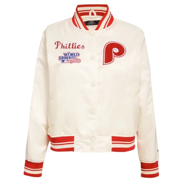 Philadelphia Phillies Retro Classic Full-Snap White Satin Varsity Jacket Women’