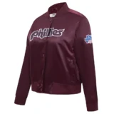 Philadelphia Phillies Retro Classic Full-Snap Wine Satin Varsity Jacket Women’