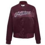 Philadelphia Phillies Retro Classic Full-Snap Wine Satin Varsity Jacket Women’s