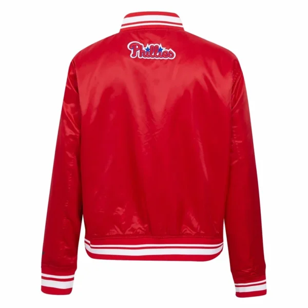 Philadelphia Phillies Script Tail Red Satin Varsity Jacket Wom