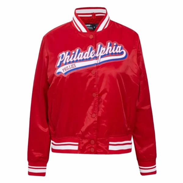 Philadelphia Phillies Script Tail Red Satin Varsity Jacket Women’s