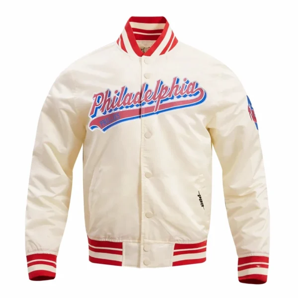 Philadelphia Phillies Script Tail Satin Varsity Jacket White