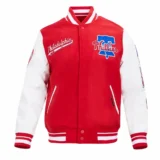 Philadelphia Phillies Script Tail Wool & Leather Varsity Jacket Red:White