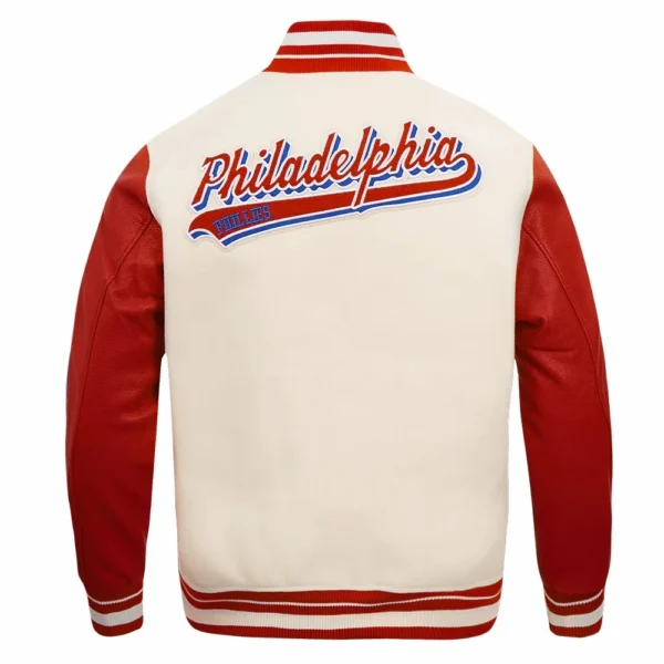 Philadelphia Phillies Script Tail Wool & Leather Varsity Jacket White: