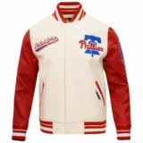 Philadelphia Phillies Script Tail Wool & Leather Varsity Jacket White:Red