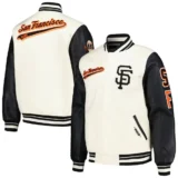 San Francisco Giants Script Tail Varsity Jacket Cream and Bla