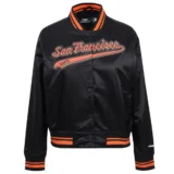 San Francisco Giants Script Tail Women’s Full-Snap Black Jacket Satin Varsity