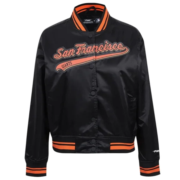 San Francisco Giants Script Tail Women’s Full-Snap Black Jacket Satin Varsity