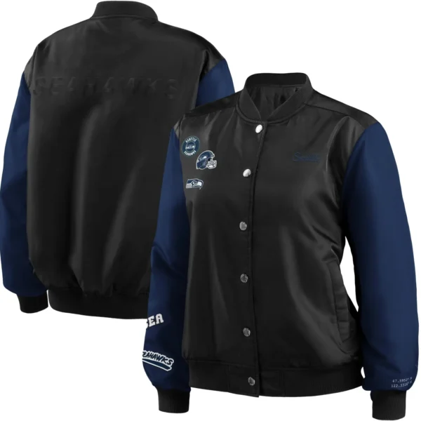 Seattle Seahawks Classic Rib Satin Varsity Jacket Black & Navy