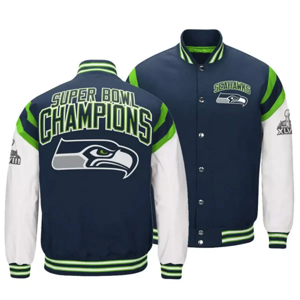 Seattle Seahawks Classic Navy & White Rib Satin Varsity Jacket