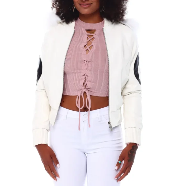 Women’s 8 Ball White Hooded Bomber Leather Jacket