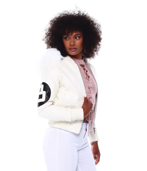 Women’s 8 Ball White Hooded Bomber Leather Jacket