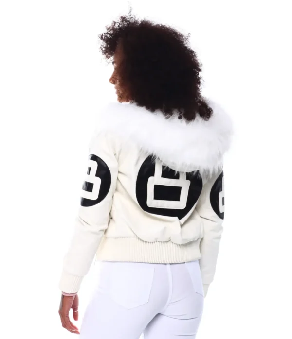 Women’s 8 Ball White Hooded Bomber Leather Jacket