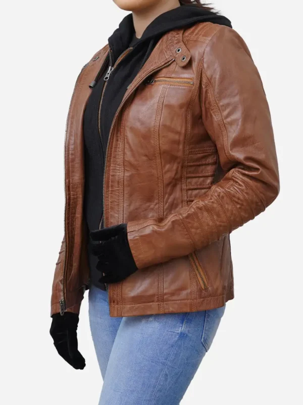 Women's Brown Real Lambskin Hooded Leather Jacket