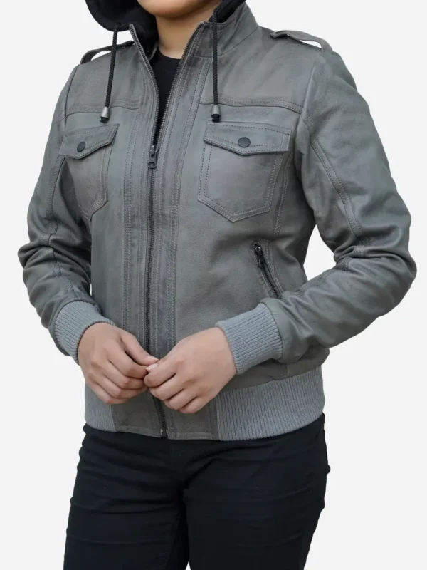 Women’s Cloud Grey Real Lambskin Hooded Leather Jacket