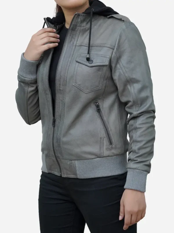 Women’s Cloud Grey Real Lambskin Hooded Leather Jacket