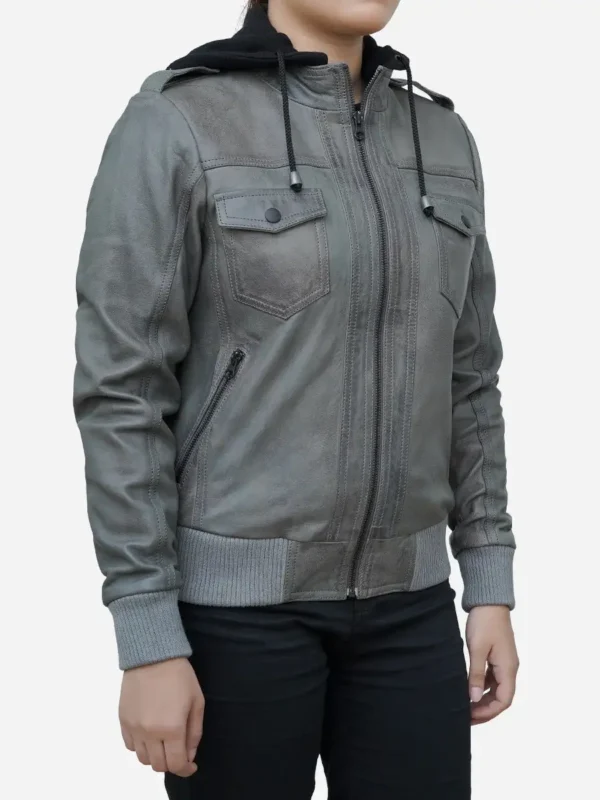 Women’s Cloud Grey Real Lambskin Hooded Leather Jacket