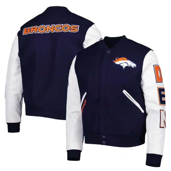 Denver Broncos Navy & White Logo Wool & Leather Varsity Jacket