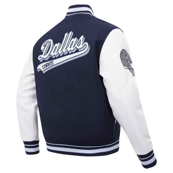 Dallas Cowboys Script Tail Rib Wool & Leather Navy/White Varsity Jacket