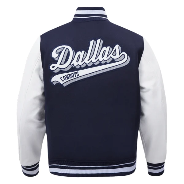 Dallas Cowboys Script Tail Rib Wool & Leather Navy/White Varsity Jacket