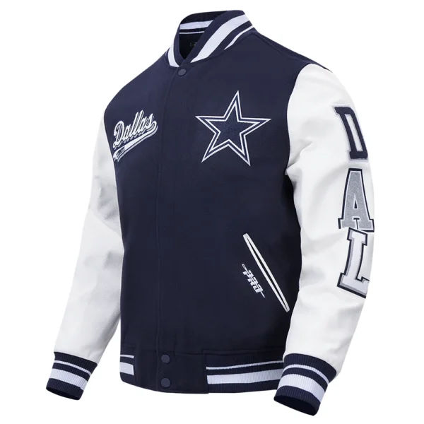 Dallas Cowboys Script Tail Rib Wool & Leather Navy/White Varsity Jacket