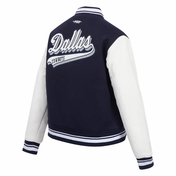 Dallas Cowboys Script Tail Women’s Wool & Leather Navy/White Varsity Jacket