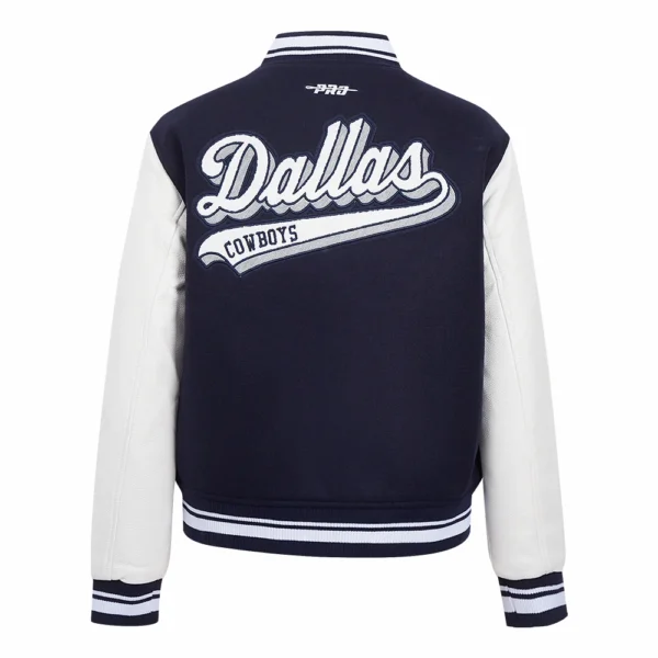 Dallas Cowboys Script Tail Women’s Wool & Leather Navy/White Varsity Jacket