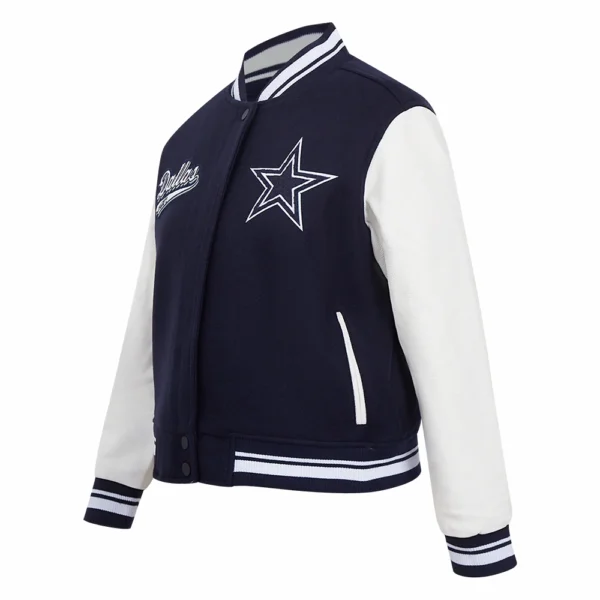 Dallas Cowboys Script Tail Women’s Wool & Leather Navy/White Varsity Jacket