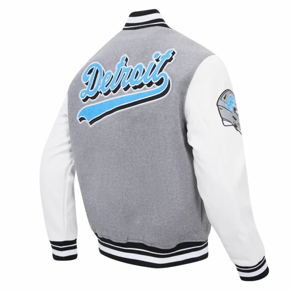 Detroit Lions Script Tail Rib Wool & Leather Grey/White Varsity Jacket