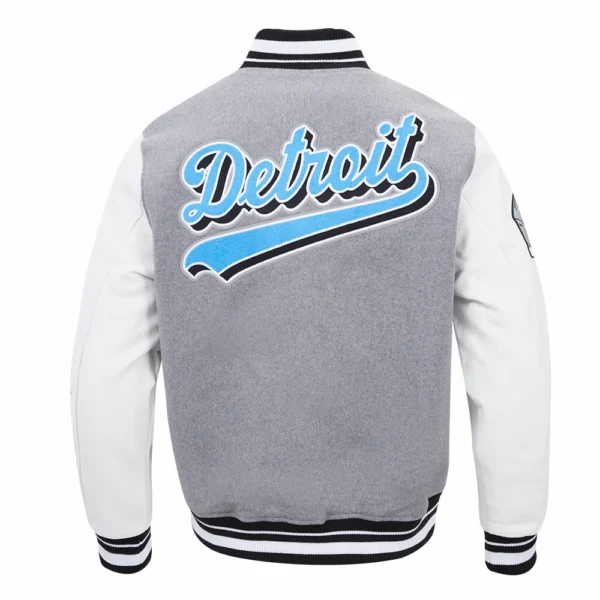 Detroit Lions Script Tail Rib Wool & Leather Grey/White Varsity Jacket