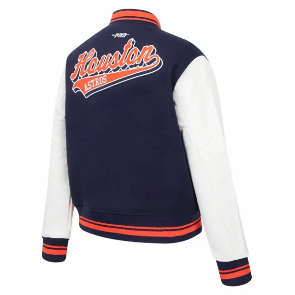 Houston Astros Script Tail Women’s Navy/White Varsity Jacket Wool & Leather