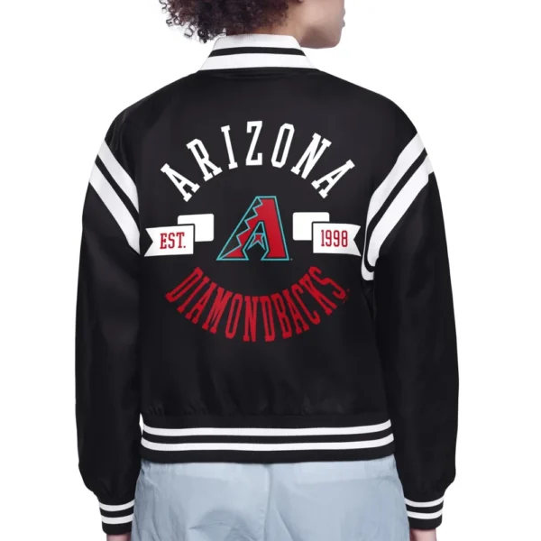 Arizona Diamondbacks Women's Black Satin Cropped Varsity Jacket with Round Printed Log