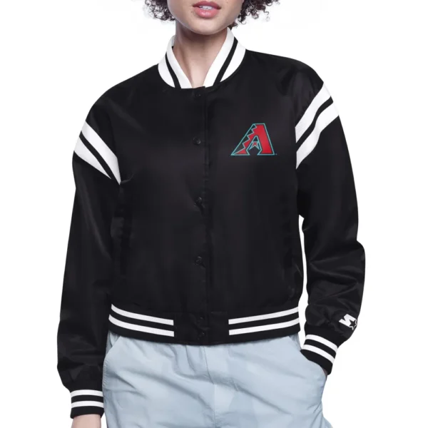 Arizona Diamondbacks Women's Black Satin Cropped Varsity Jacket with Round Printed Logo