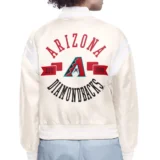 Arizona Diamondbacks Women's Cream Satin Cropped Varsity Jacket with Round Printed Log