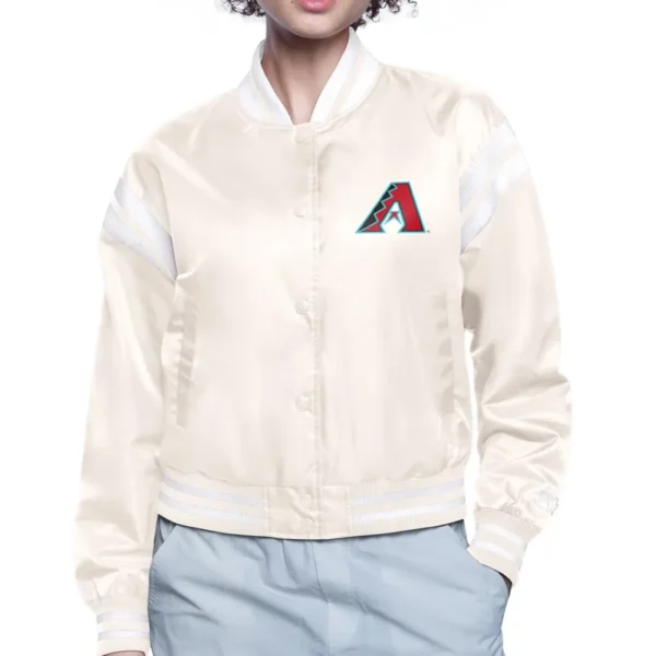 Arizona Diamondbacks Women's Cream Satin Cropped Varsity Jacket with Round Printed Logo