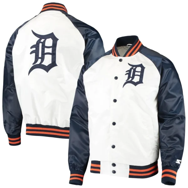 Detroit Tigers Clean Up Hitter Full-Snap White & Navy Satin Varsity Jack