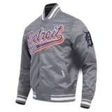 Detroit Tigers Gray Script Tail Satin Varsity Jacke