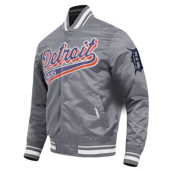 Detroit Tigers Gray Script Tail Satin Varsity Jacke