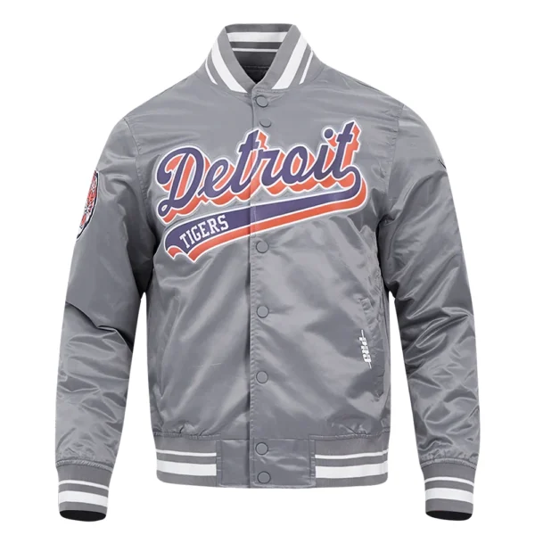 Detroit Tigers Gray Script Tail Satin Varsity Jacket