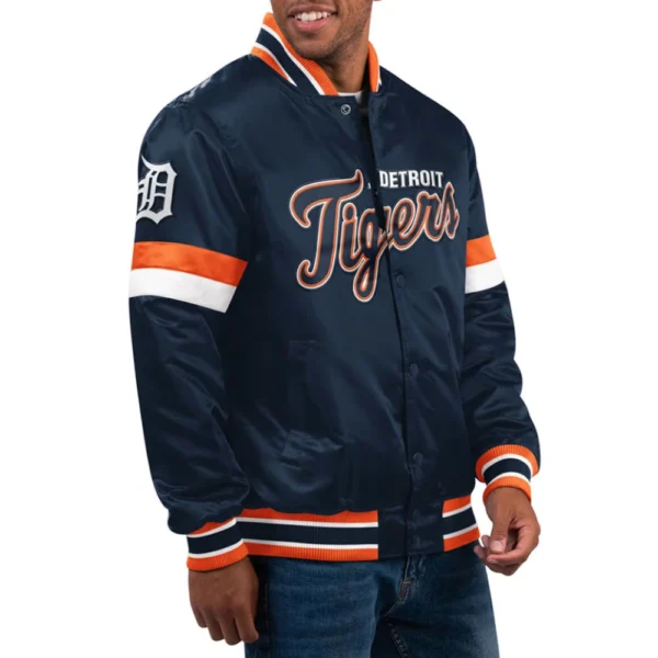 Detroit Tigers Home Game Navy Satin Varsity Jacket