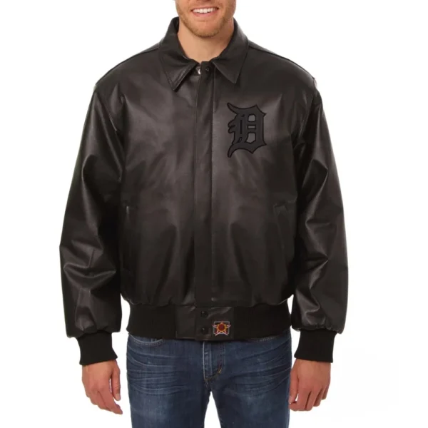 Detroit Tigers Leather Full Black Bomber Varsity Jacket