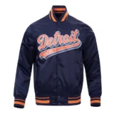 Detroit Tigers Navy Script Tail Satin Varsity Jacket