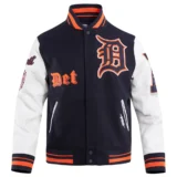 Detroit Tigers Navy&White Old English Wool & Leather Varsity Jacket