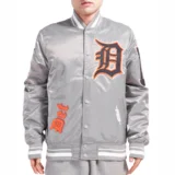 Detroit Tigers Old English Gray Rib-Knitted Satin Varsity Jacket