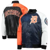 Detroit Tigers Reliever Ribbed Knitted Full-Snap Varsity Satin Jacke