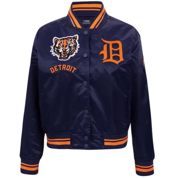 Detroit Tigers Retro Classic Women’s Full-Snap Satin Navy Varsity Jacket