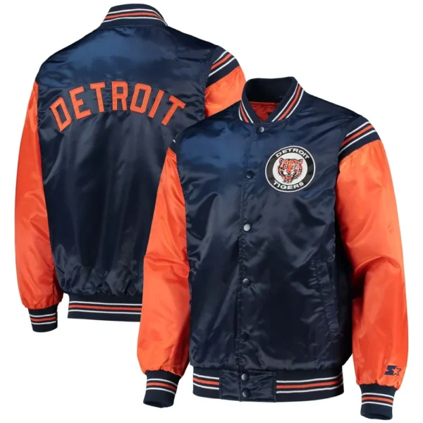 Detroit Tigers The Enforcer Full-Snap Satin Navy & Orange Varsity Jack