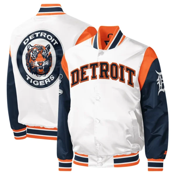 Detroit Tigers White & Navy Warm Up Pitch Full-Snap Satin Varsity Jack