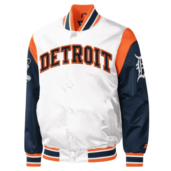 Detroit Tigers White & Navy Warm Up Pitch Full-Snap Satin Varsity Jacket