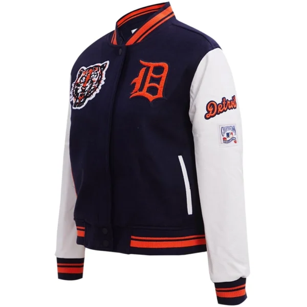 Detroit Tigers Women’s Retro Classic Wool & Leather Varsity Jacket Navy & Wh